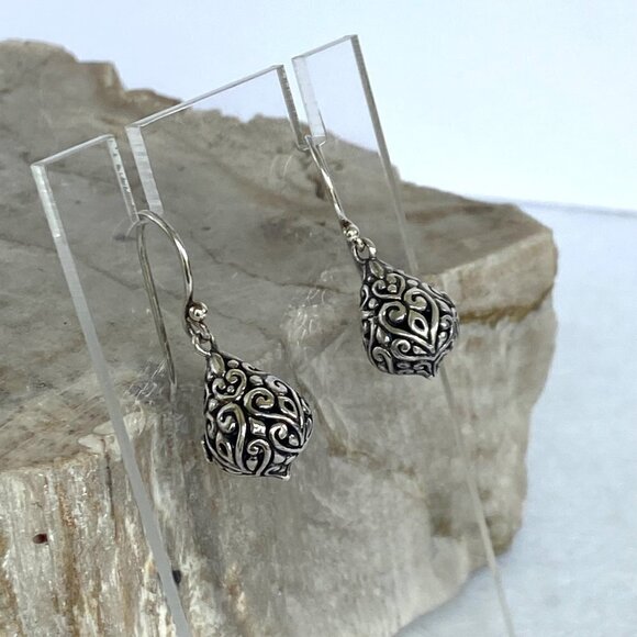 Sterling Silver ATI 925 Bali Style Scrollwork Hollow Teardrop Dangle Earrings - Picture 2 of 16